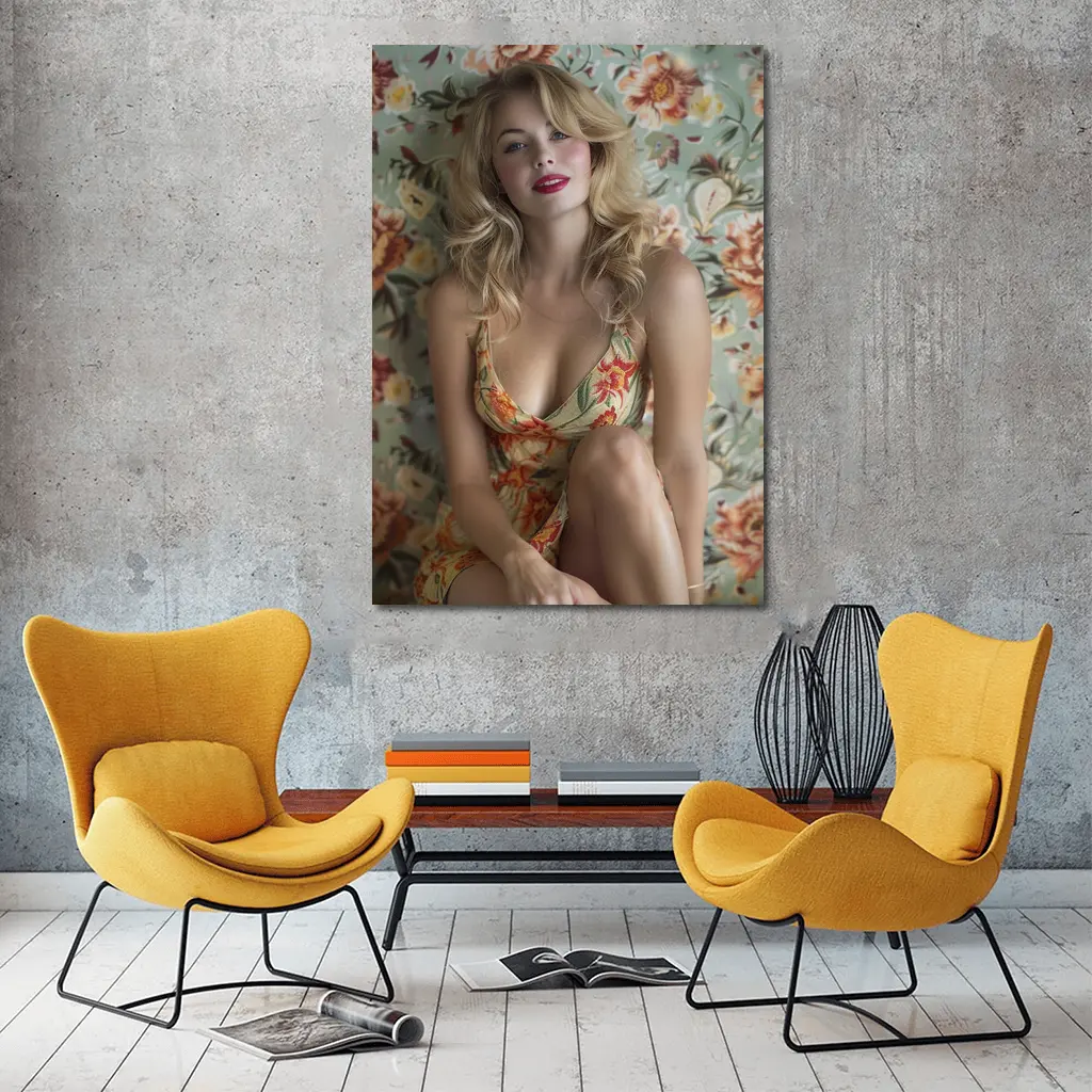 Blonde Woman Floral Dress Vintage Floral Background – Wall Art
