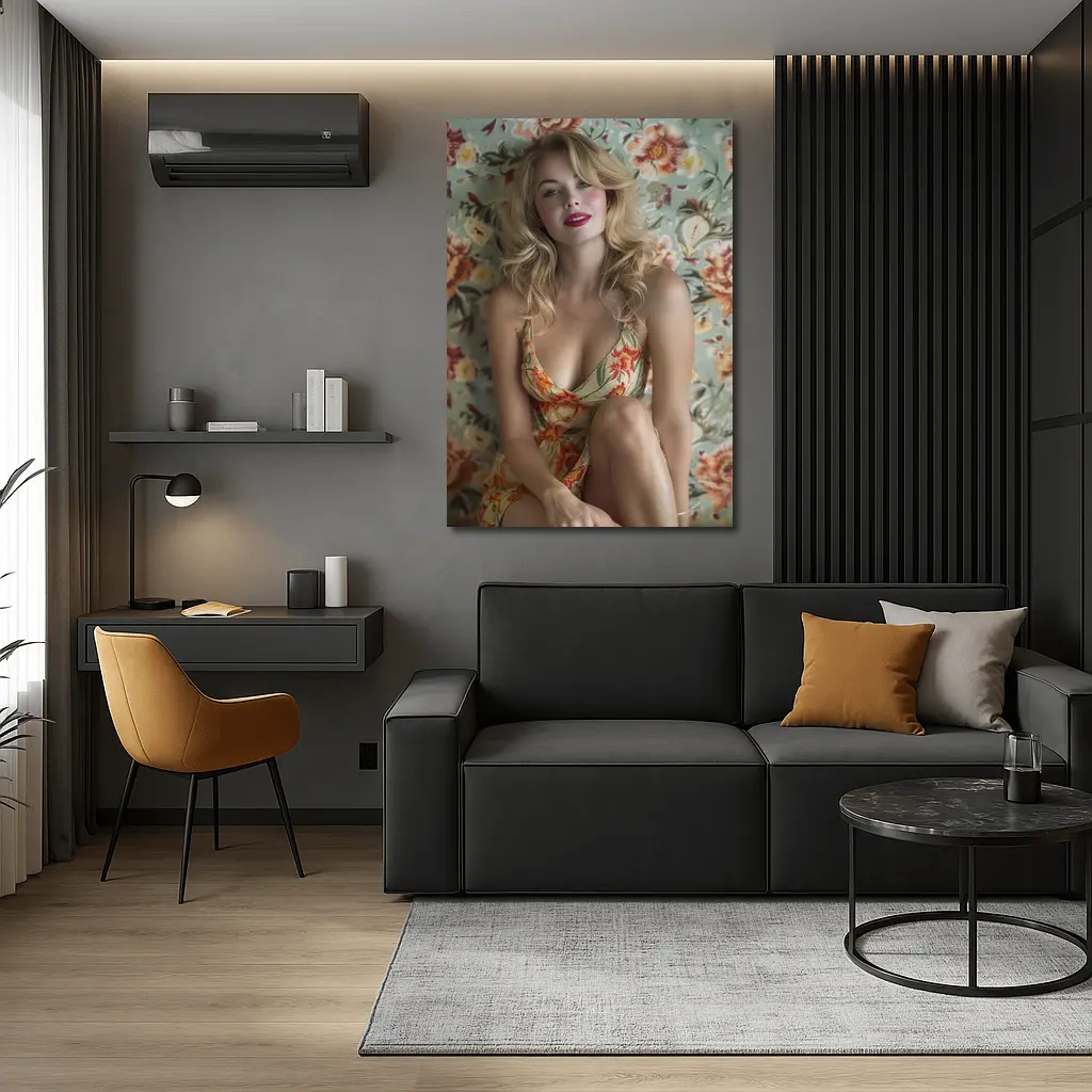 Blonde Woman Floral Dress Vintage Floral Background – Wall Art