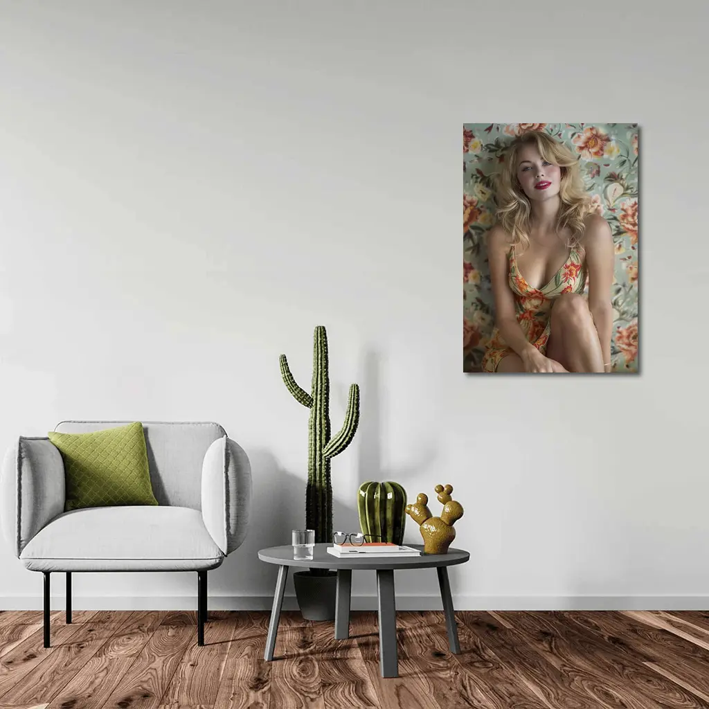 Blonde Woman Floral Dress Vintage Floral Background – Wall Art