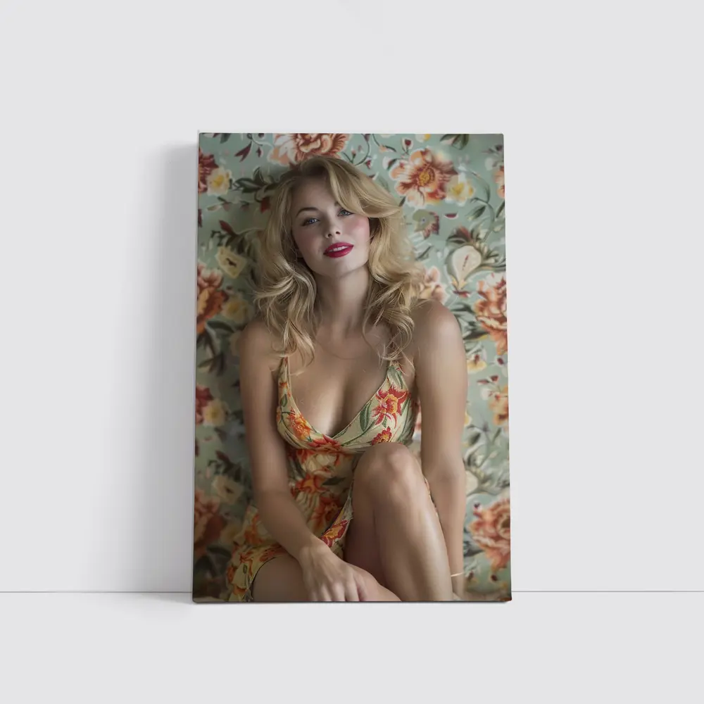 Blonde Woman Floral Dress Vintage Floral Background – Wall Art