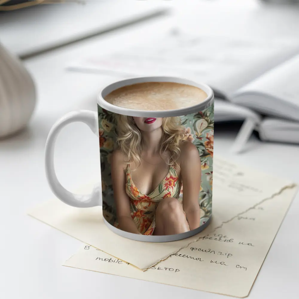 Blonde Woman Floral Dress Vintage Floral Background – Mugs