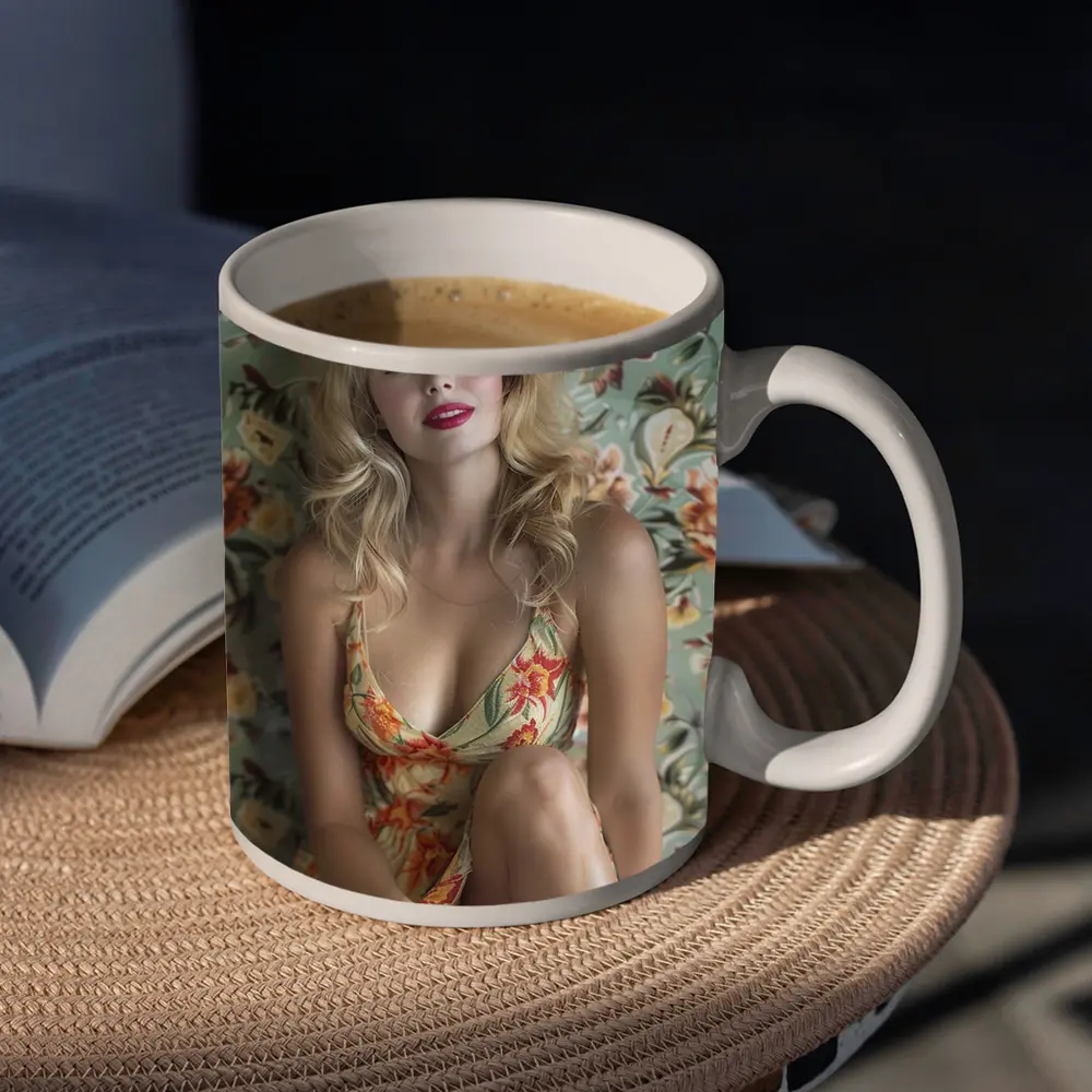 Blonde Woman Floral Dress Vintage Floral Background – Mugs