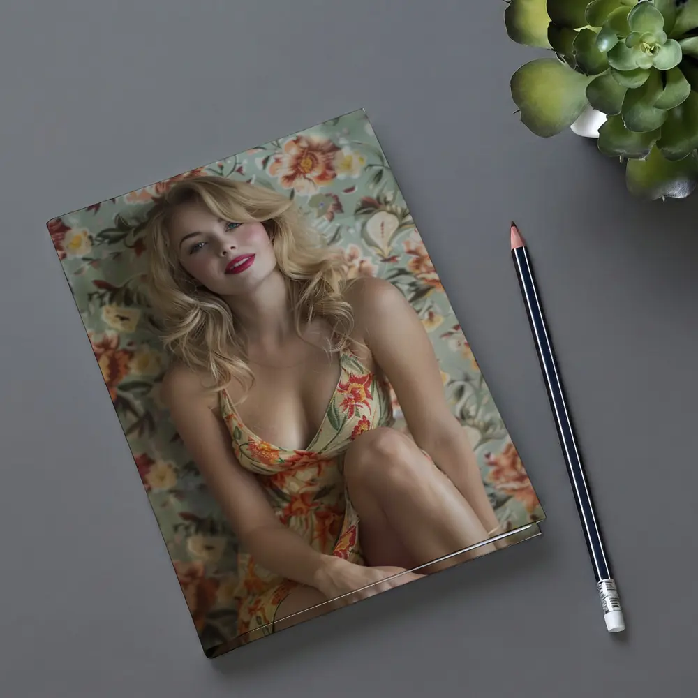 Blonde Woman Floral Dress Vintage Floral Background – Notebooks