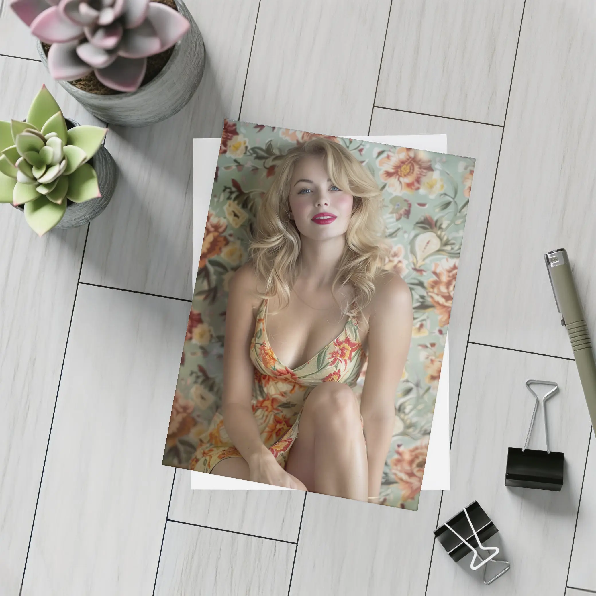 Blonde Woman Floral Dress Vintage Floral Background – Postcards
