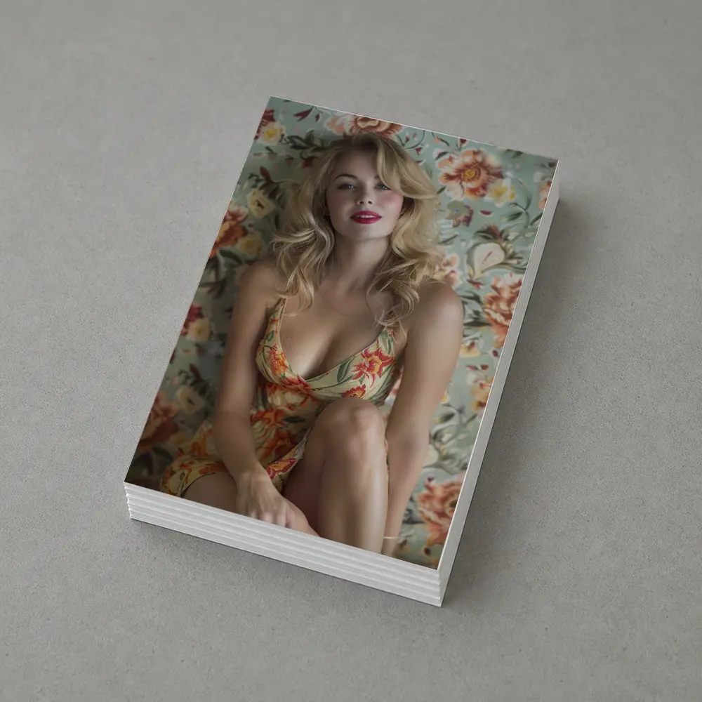 Blonde Woman Floral Dress Vintage Floral Background – Postcards
