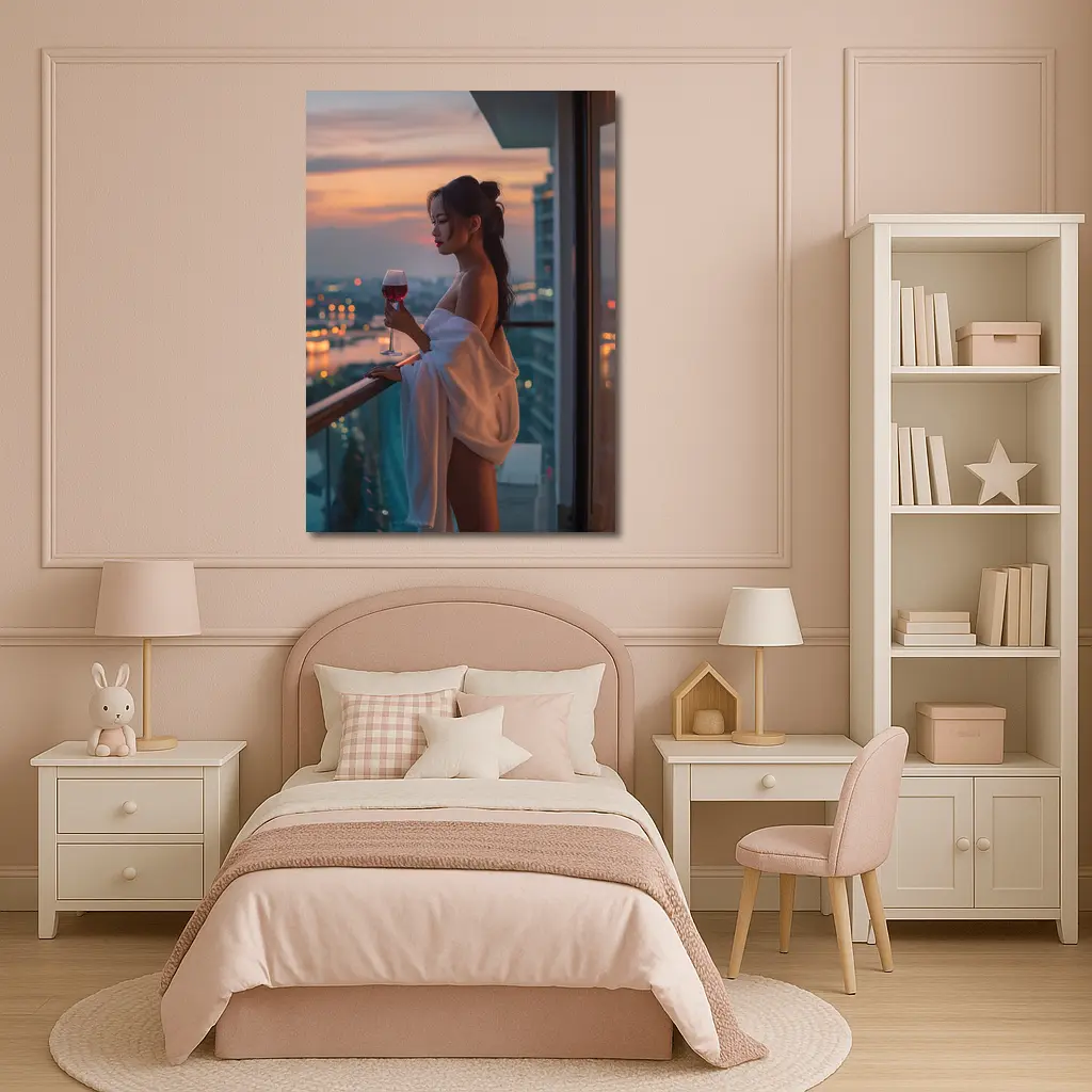 Woman Balcony Wine Glass City Sunset – Wall Art