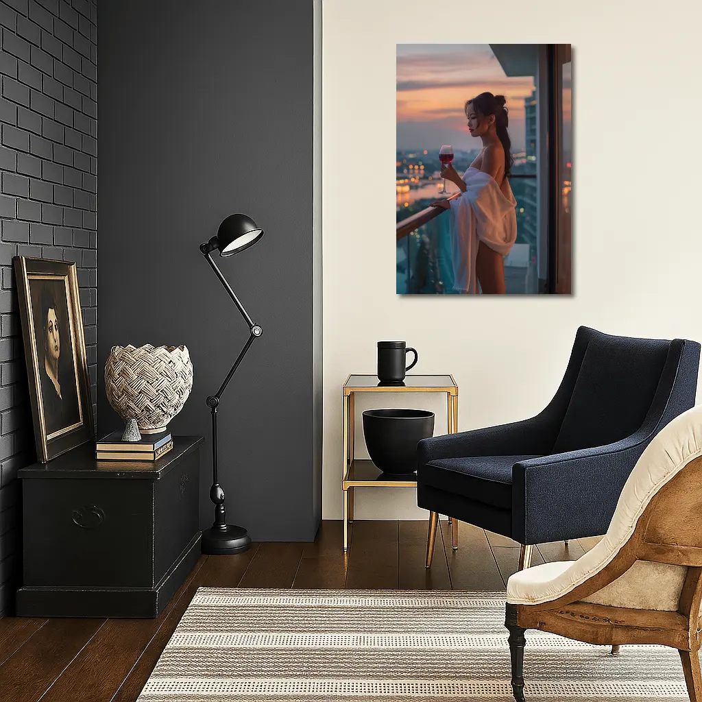 Woman Balcony Wine Glass City Sunset – Wall Art