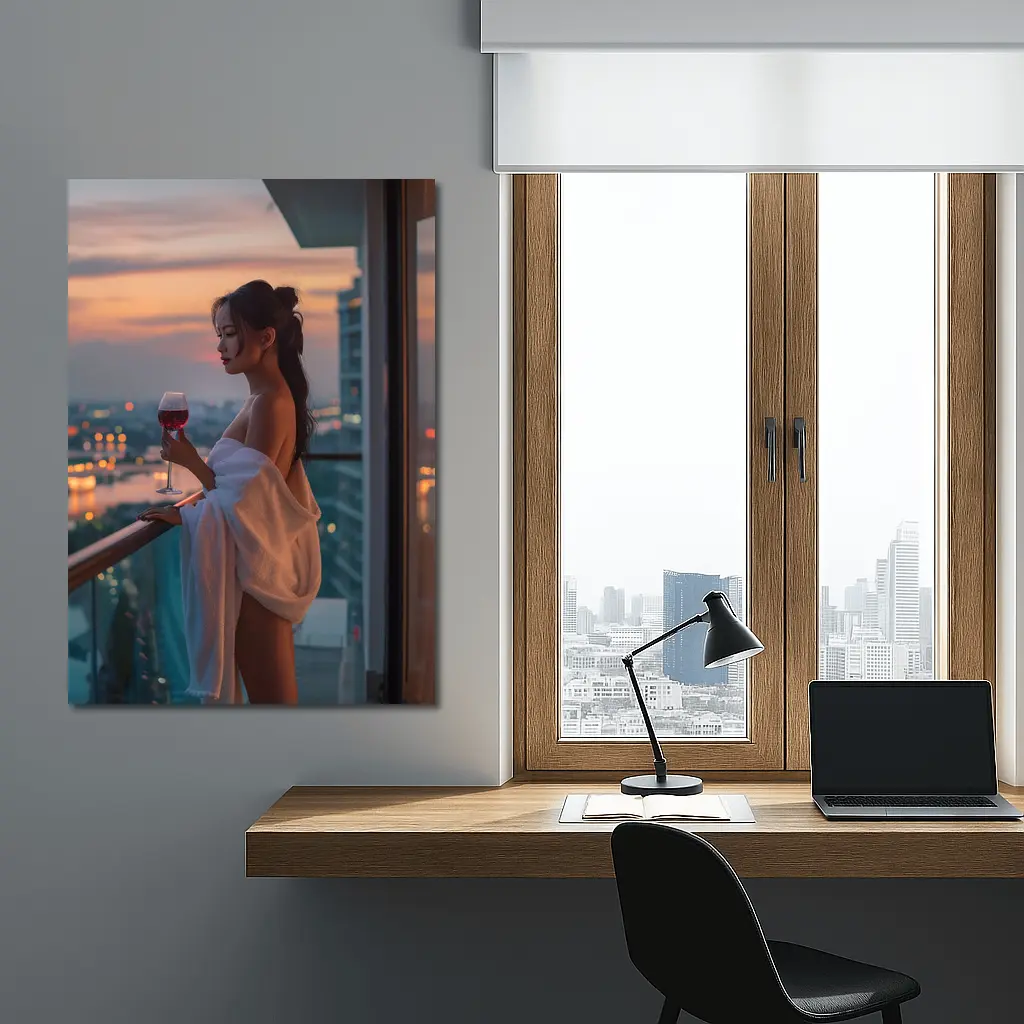 Woman Balcony Wine Glass City Sunset – Wall Art