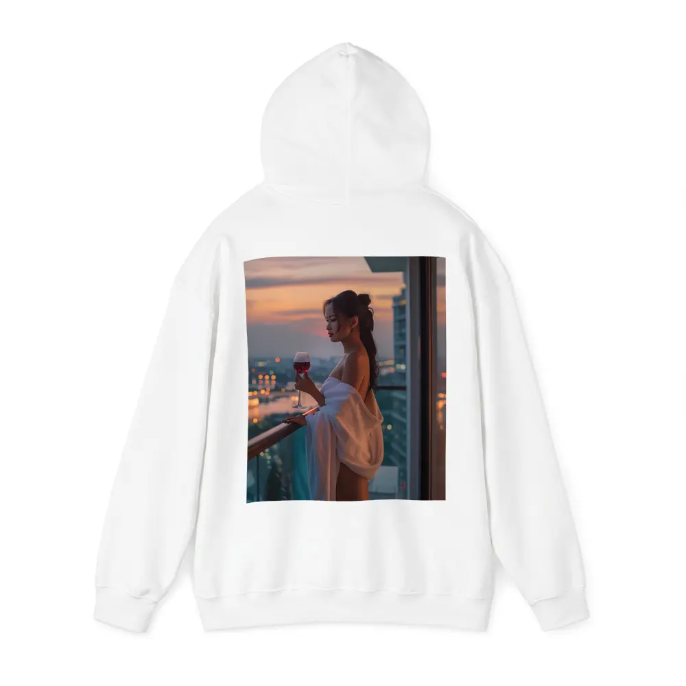 Woman Balcony Wine Glass City Sunset – Hoodies
