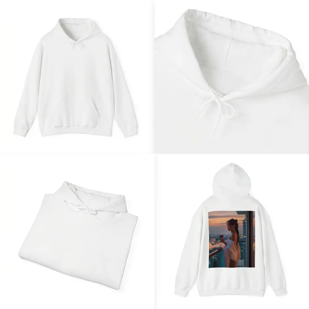 Woman Balcony Wine Glass City Sunset – Hoodies