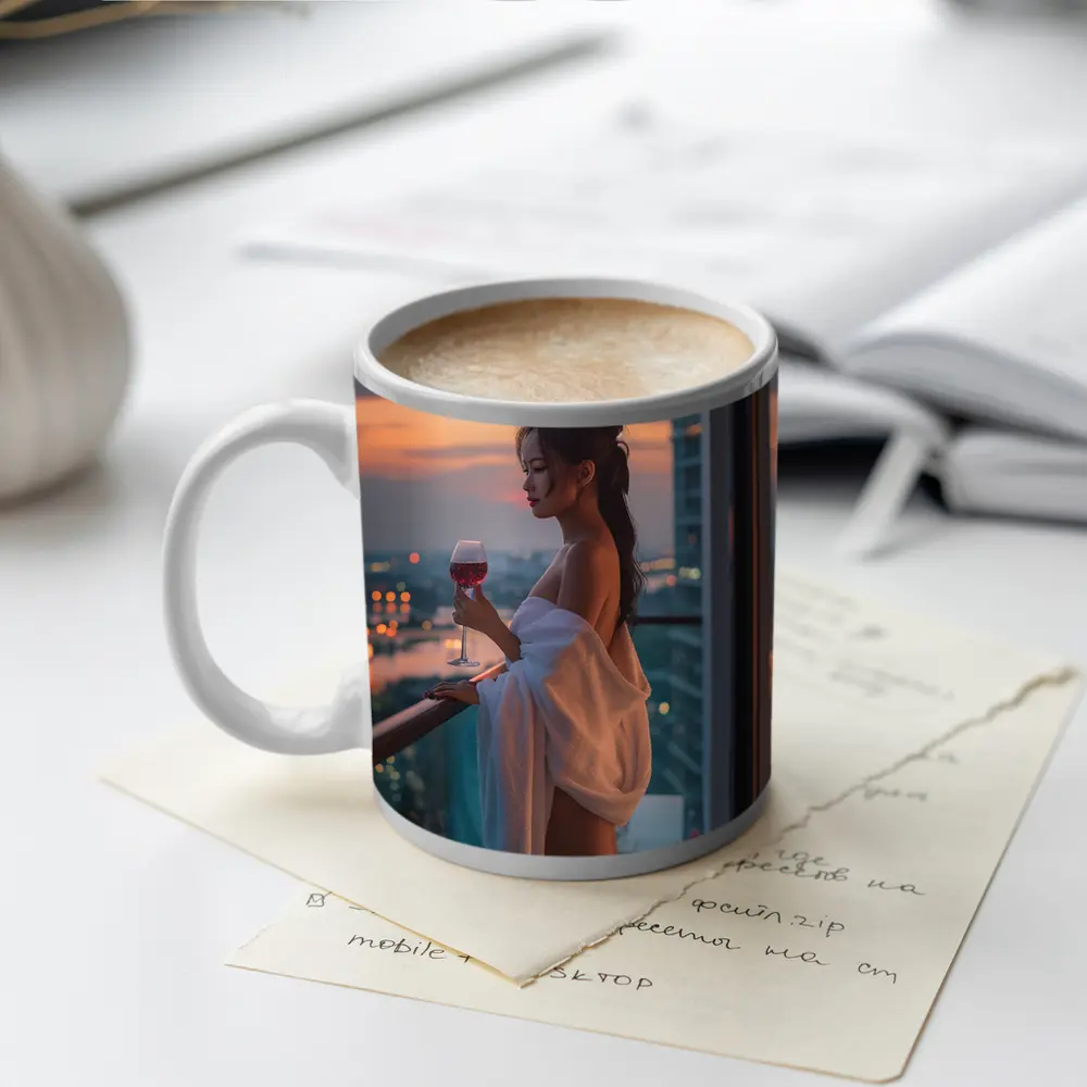 Woman Balcony Wine Glass City Sunset – Mugs