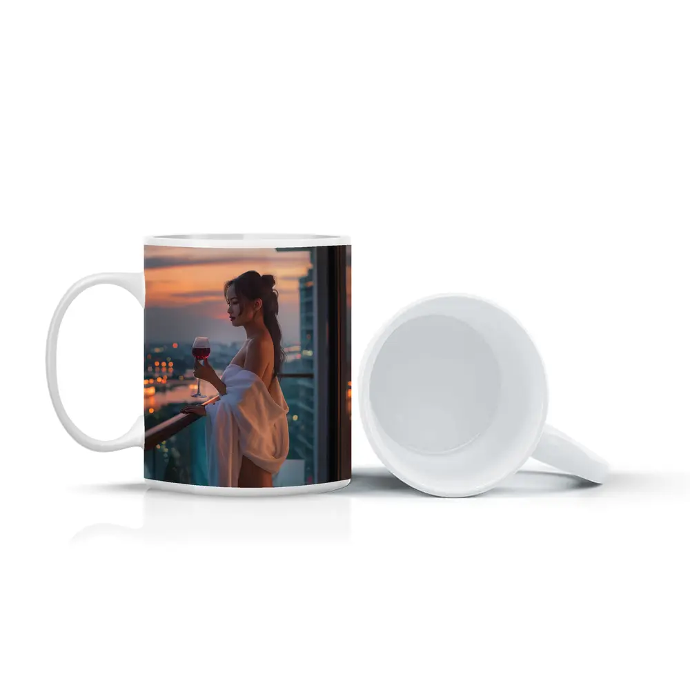 Woman Balcony Wine Glass City Sunset – Mugs