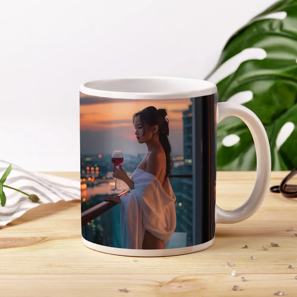 Woman Balcony Wine Glass City Sunset – Mugs