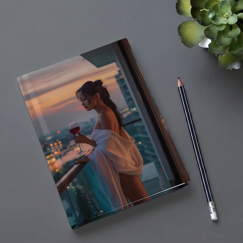 Woman Balcony Wine Glass City Sunset – Notebooks