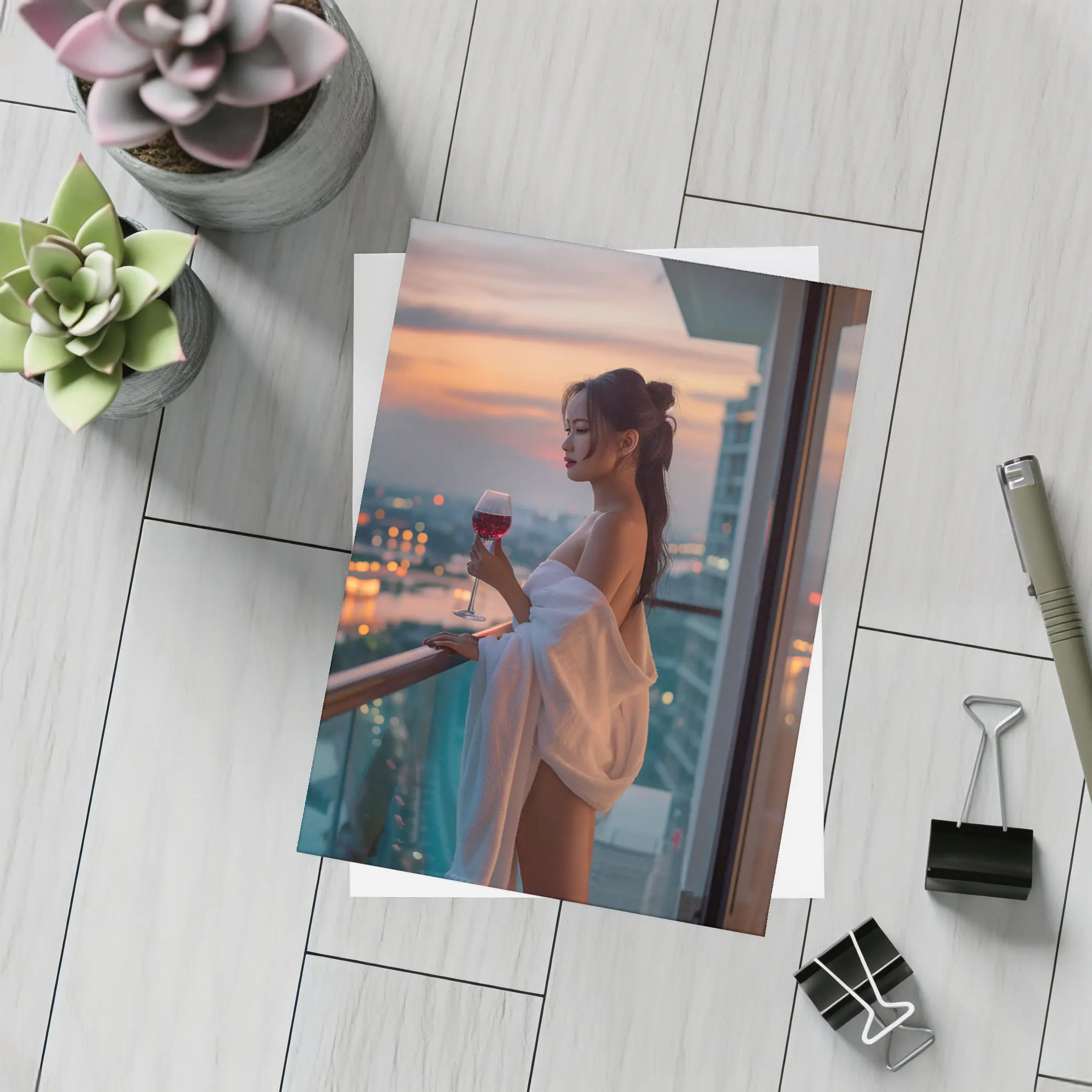 Woman Balcony Wine Glass City Sunset – Postcards