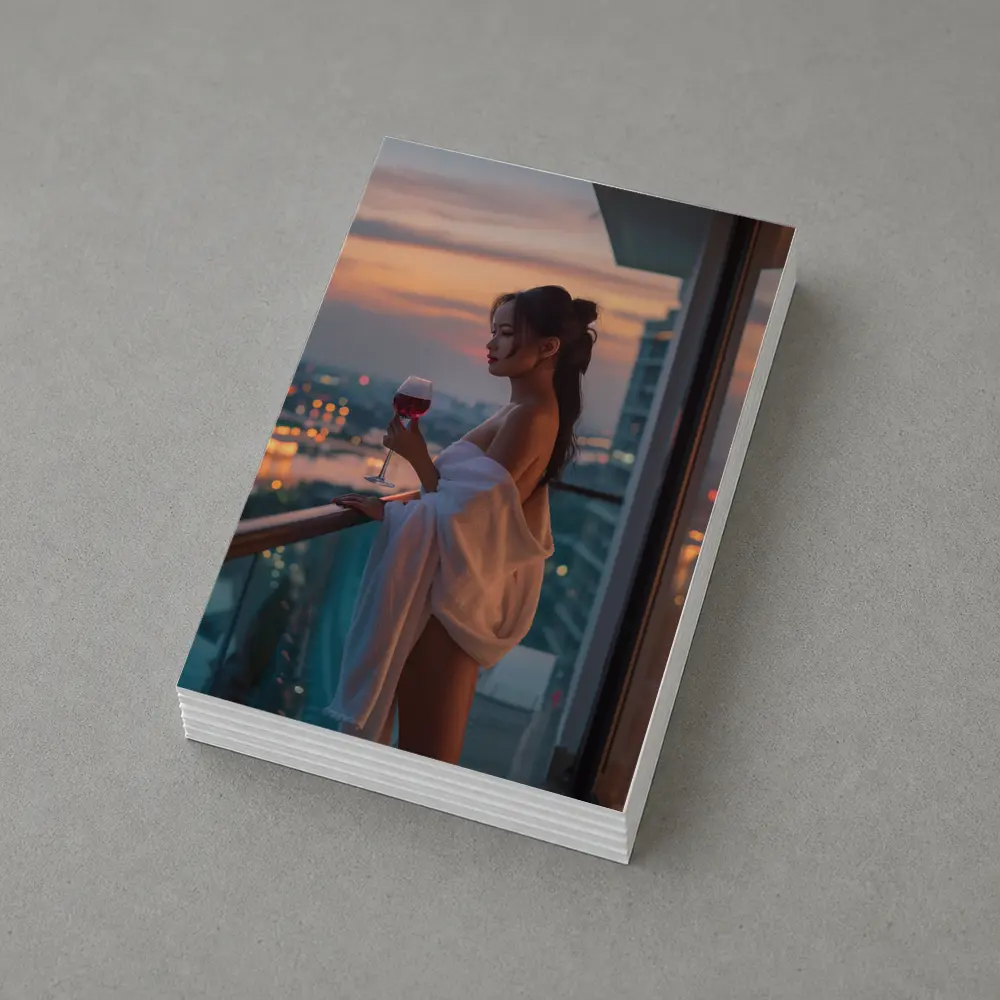 Woman Balcony Wine Glass City Sunset – Postcards