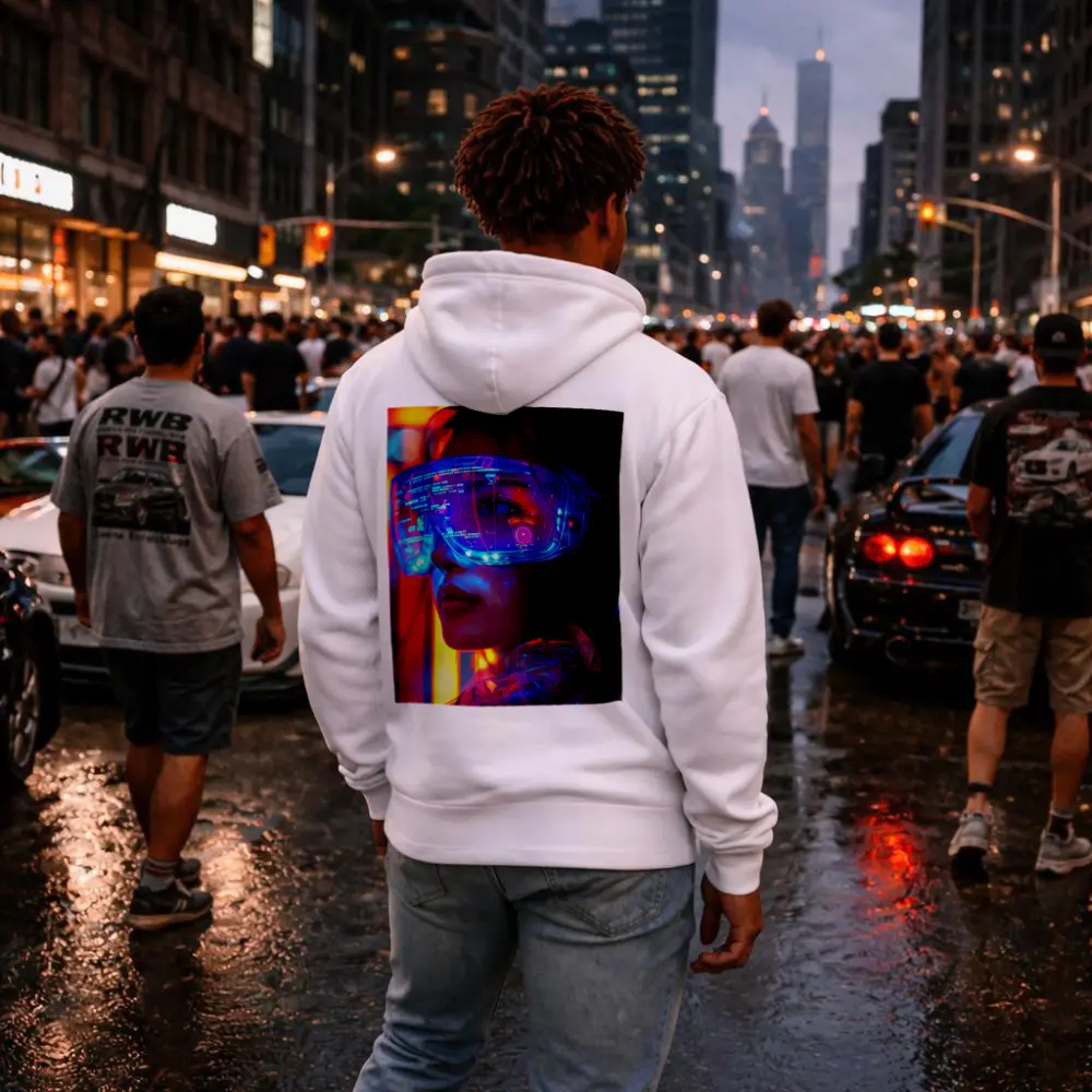 Cyberpunk Woman Neon AR Glasses Portrait – Hoodies