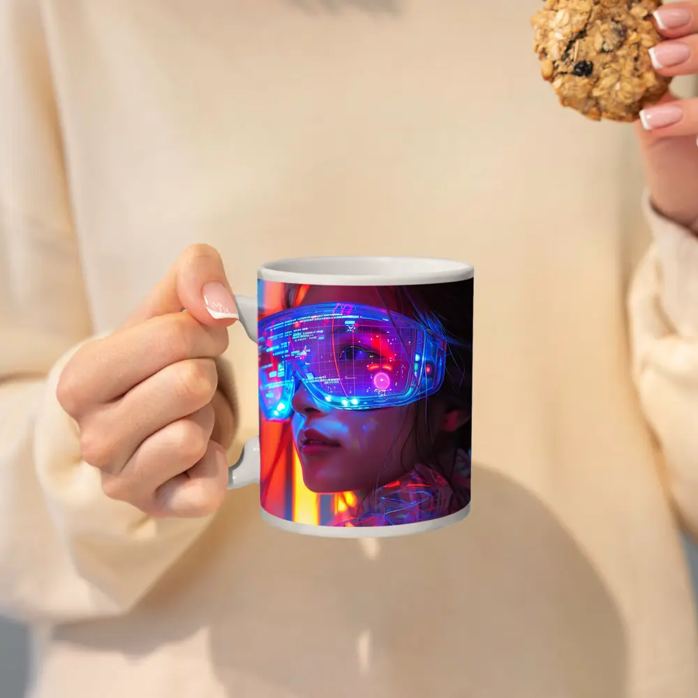 Cyberpunk Woman Neon AR Glasses Portrait – Mugs