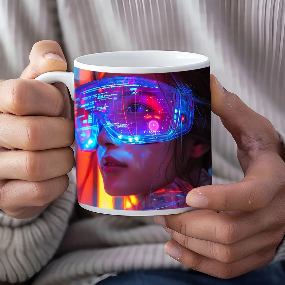 Cyberpunk Woman Neon AR Glasses Portrait – Mugs