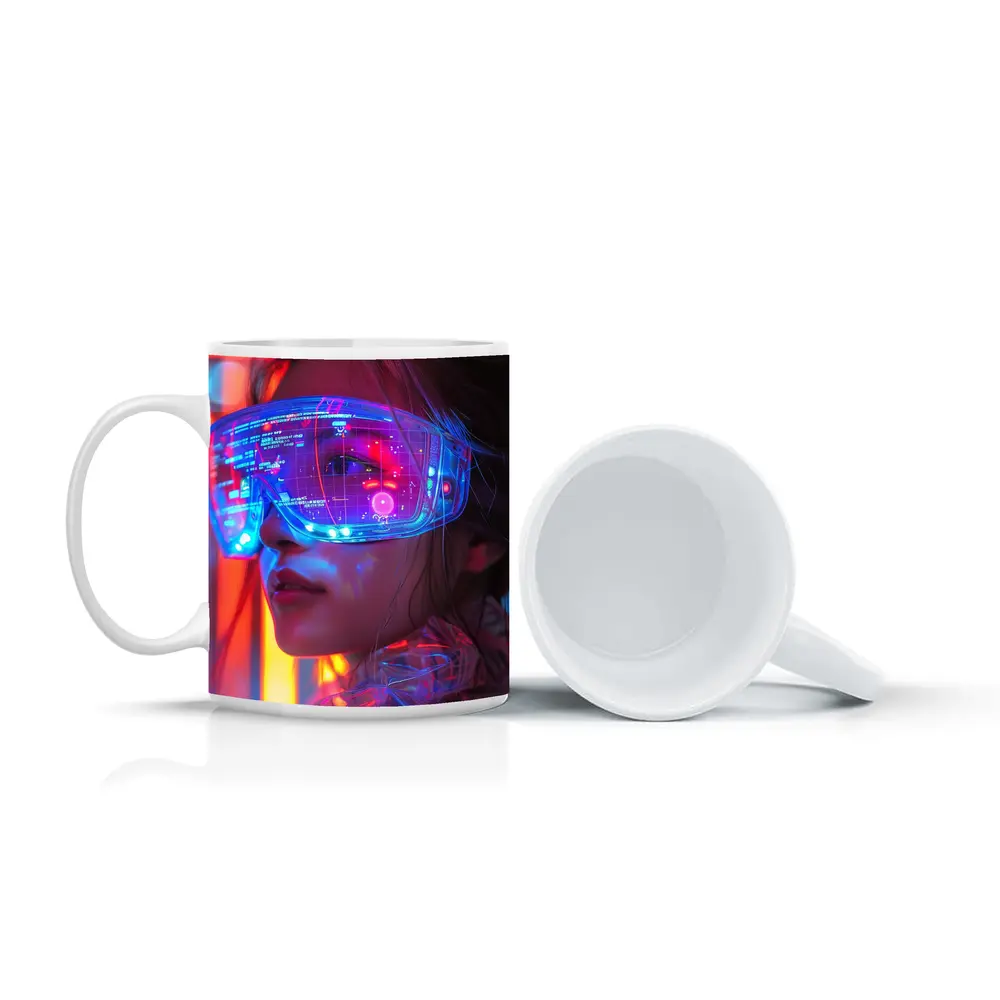 Cyberpunk Woman Neon AR Glasses Portrait – Mugs