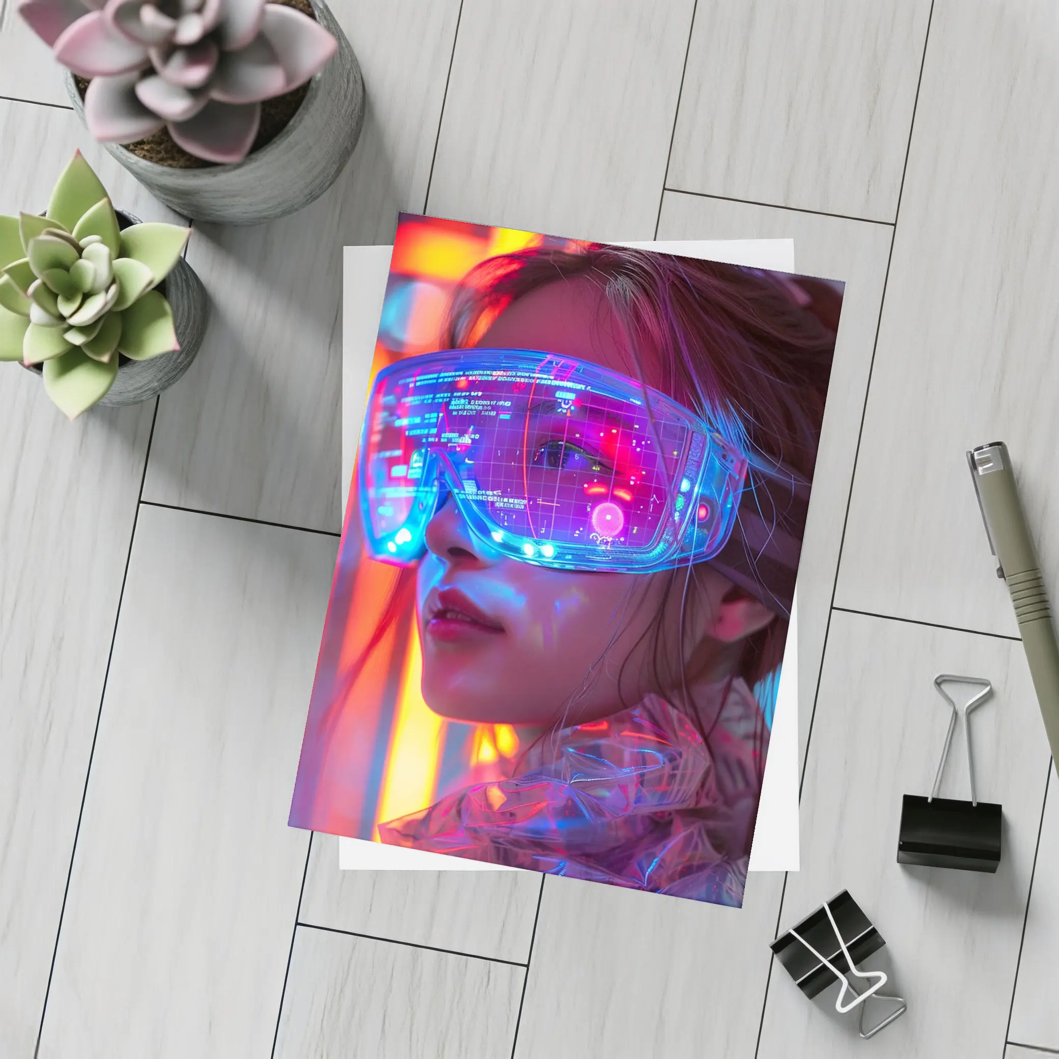 Cyberpunk Woman Neon AR Glasses Portrait – Postcards