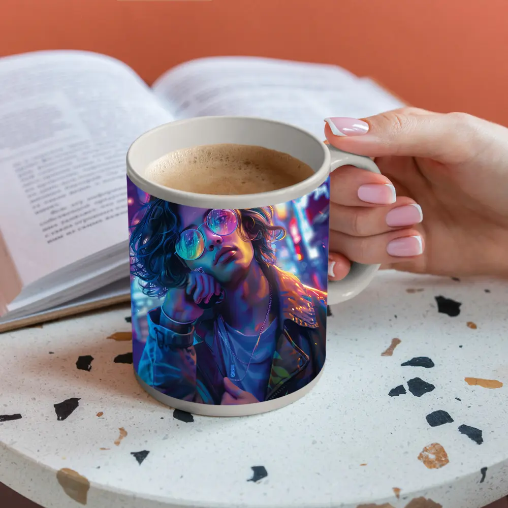 Neon City Night Anime Style Portrait Art – Mugs