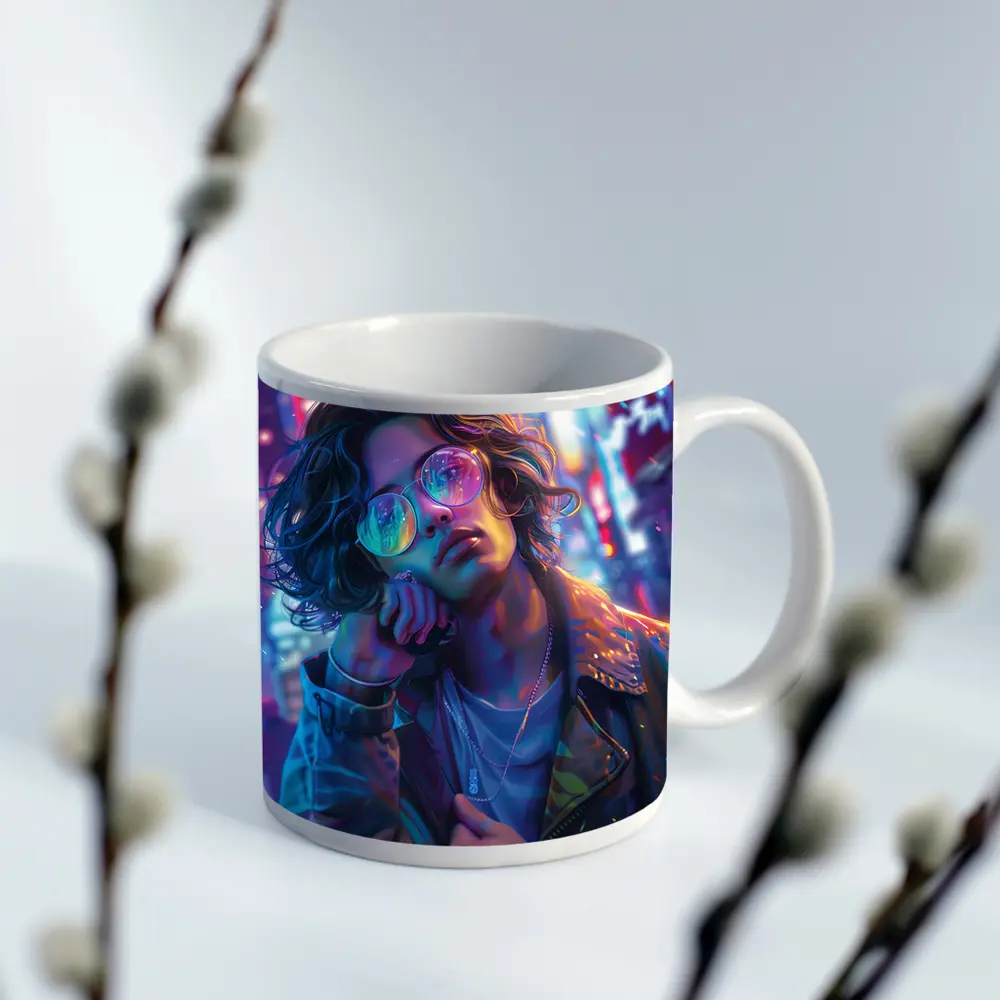 Neon City Night Anime Style Portrait Art – Mugs