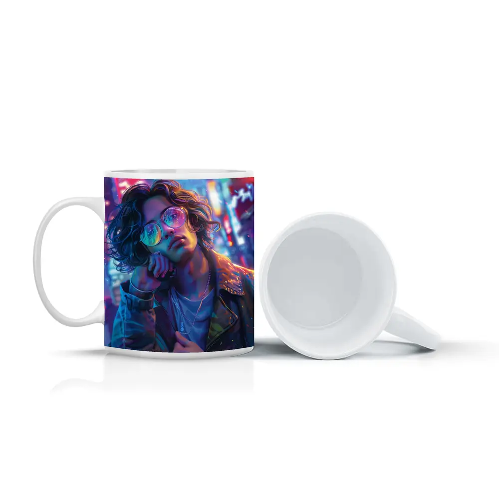 Neon City Night Anime Style Portrait Art – Mugs