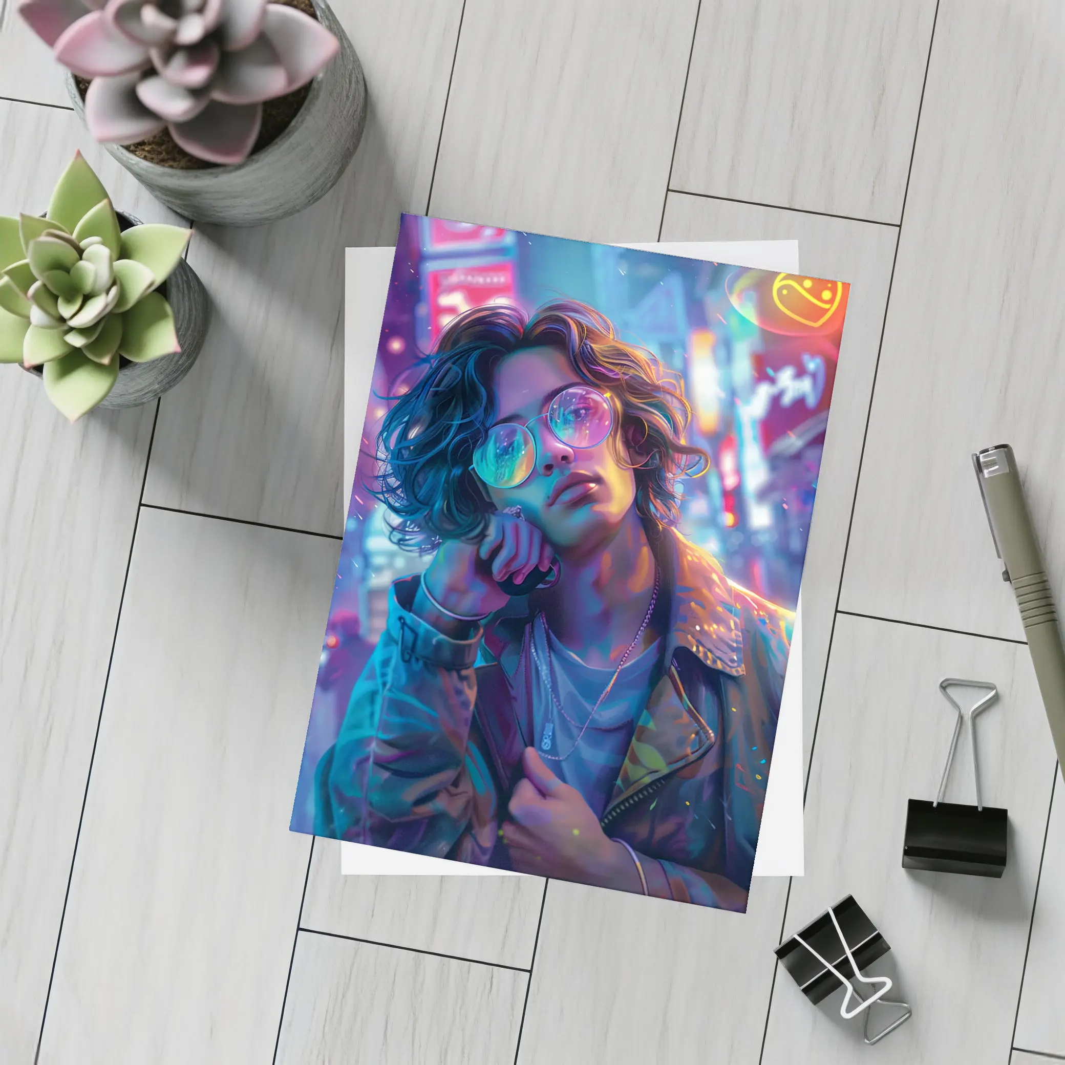 Neon City Night Anime Style Portrait Art – Postcards