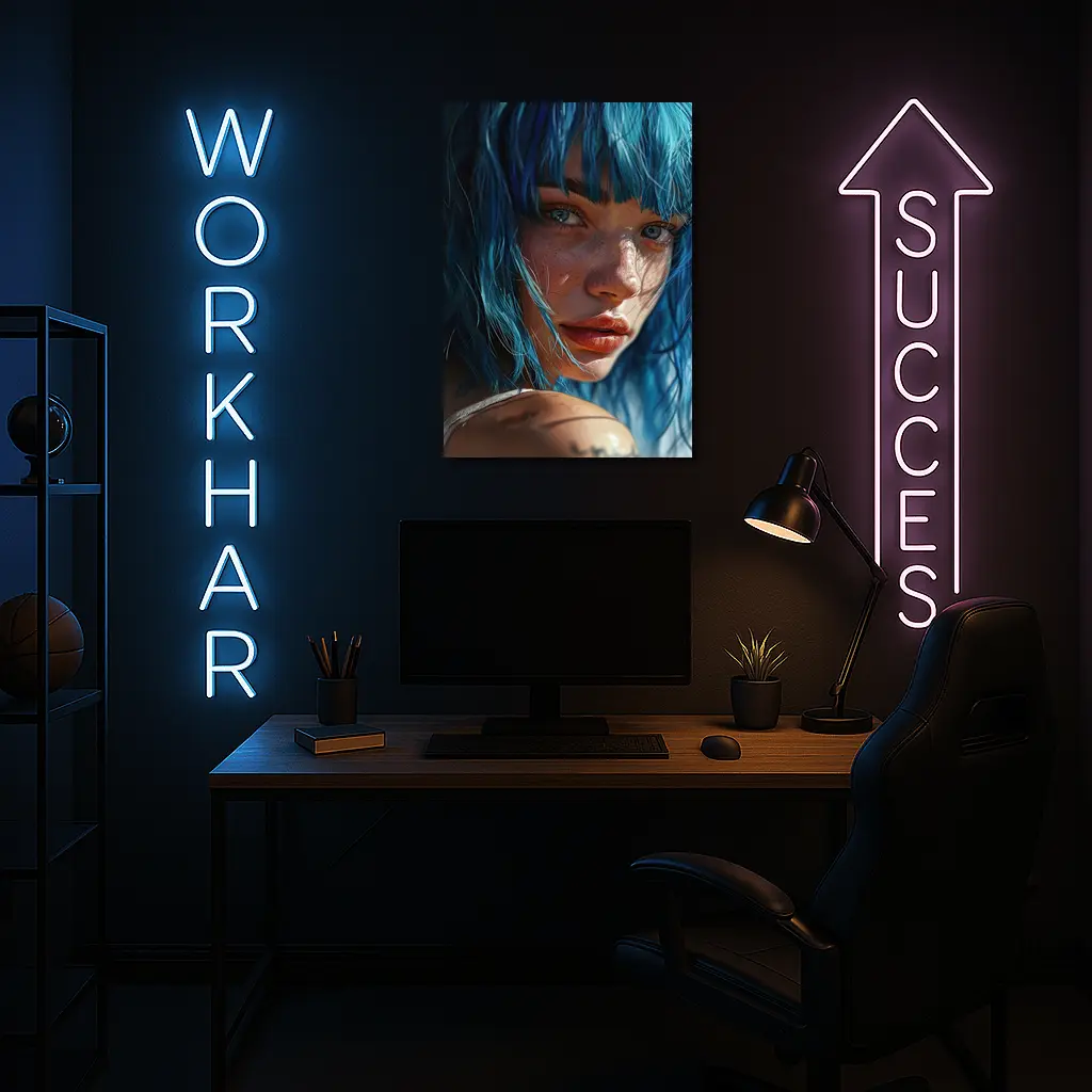 Blue Hair Woman Portrait With Tattoo – Wall Art