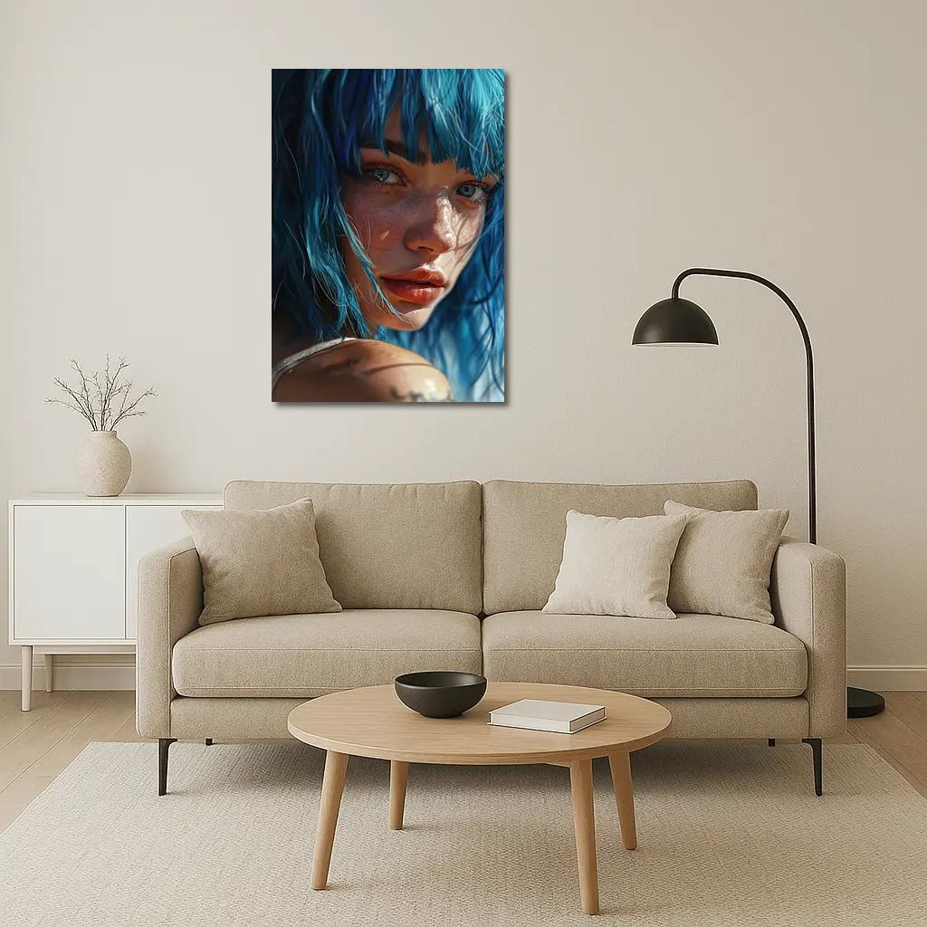 Blue Hair Woman Portrait With Tattoo – Wall Art
