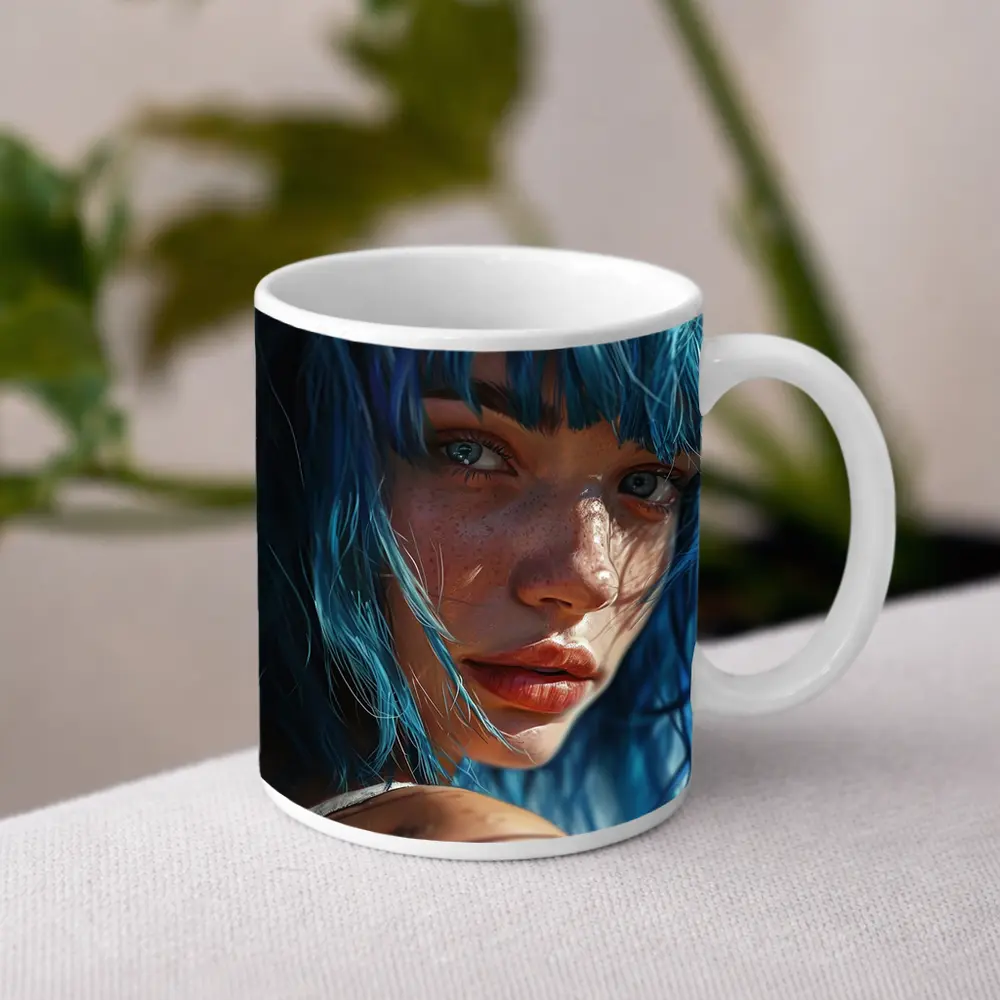 Blue Hair Woman Portrait With Tattoo – Mugs