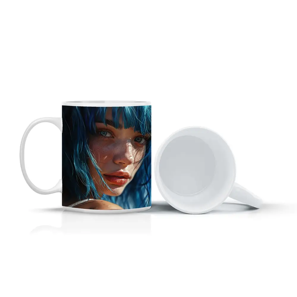 Blue Hair Woman Portrait With Tattoo – Mugs