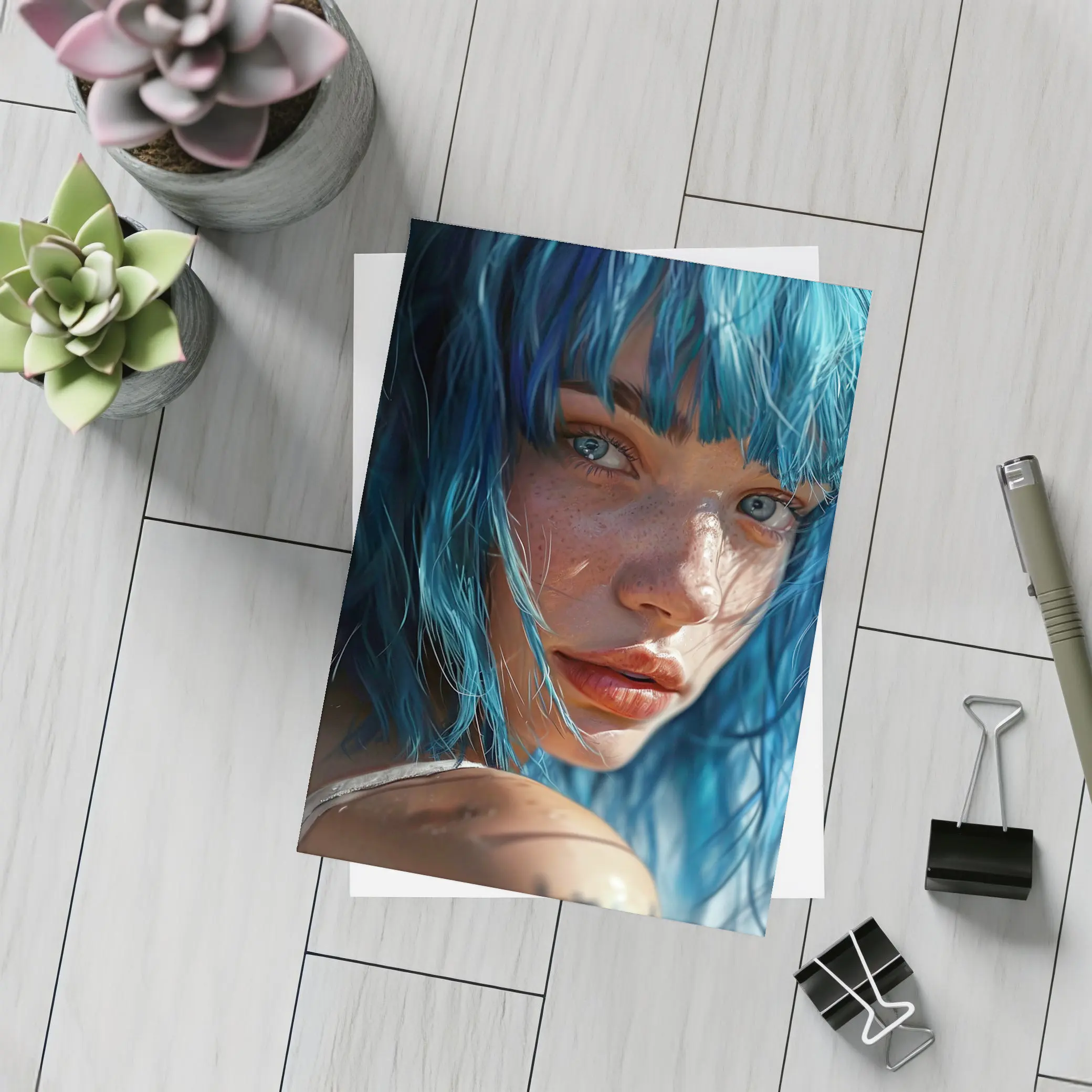 Blue Hair Woman Portrait With Tattoo – Postcards