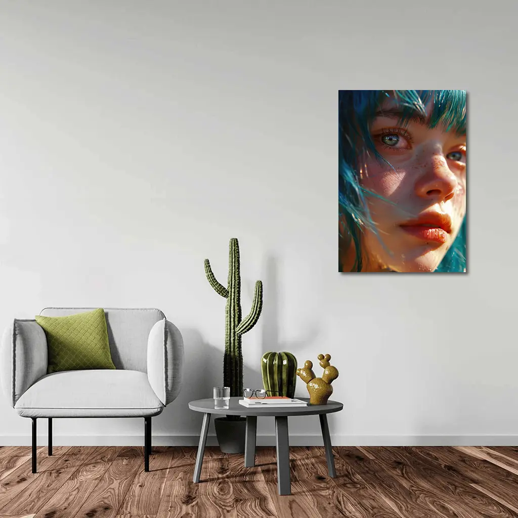Blue Hair Girl Close Up Portrait Art – Wall Art