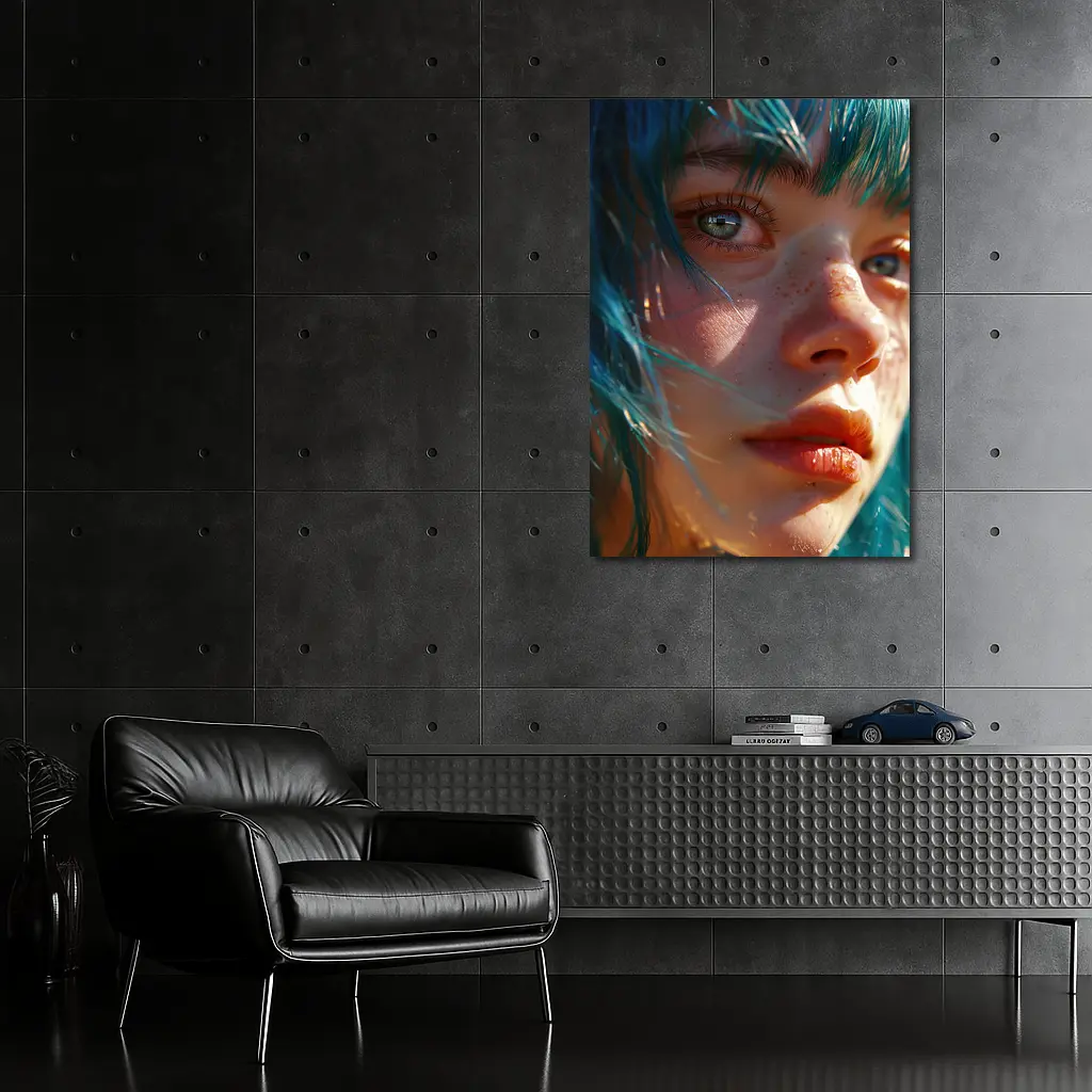 Blue Hair Girl Close Up Portrait Art – Wall Art