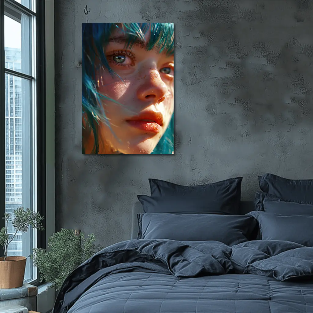 Blue Hair Girl Close Up Portrait Art – Wall Art