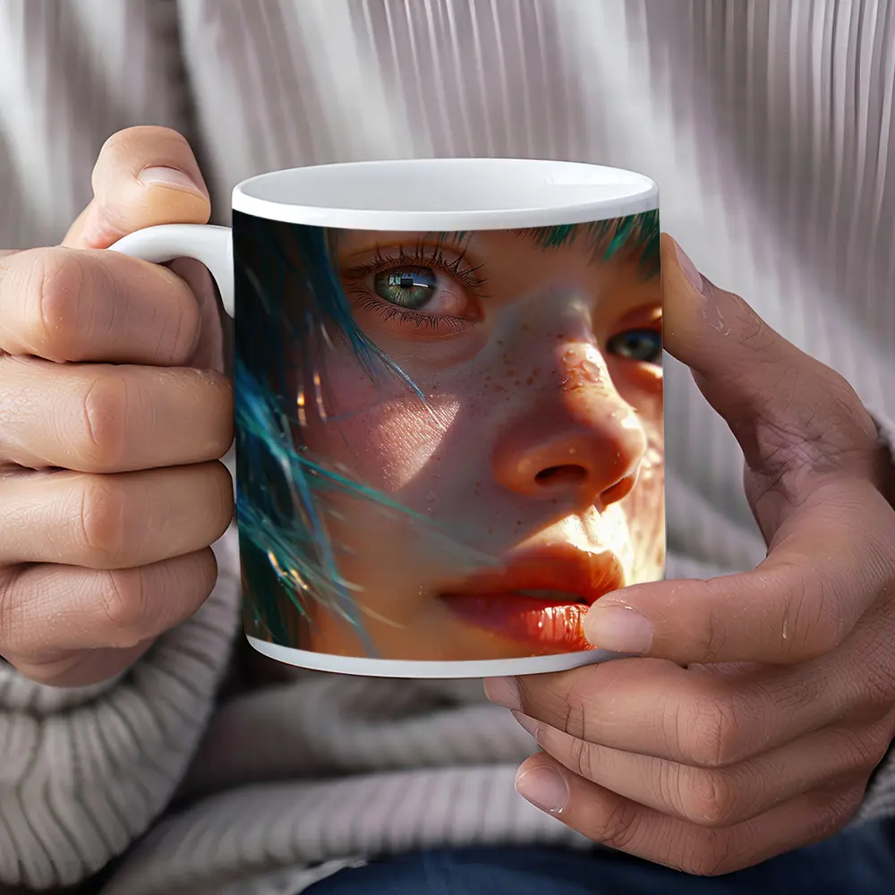Blue Hair Girl Close Up Portrait Art – Mugs