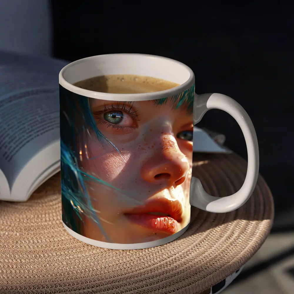 Blue Hair Girl Close Up Portrait Art – Mugs