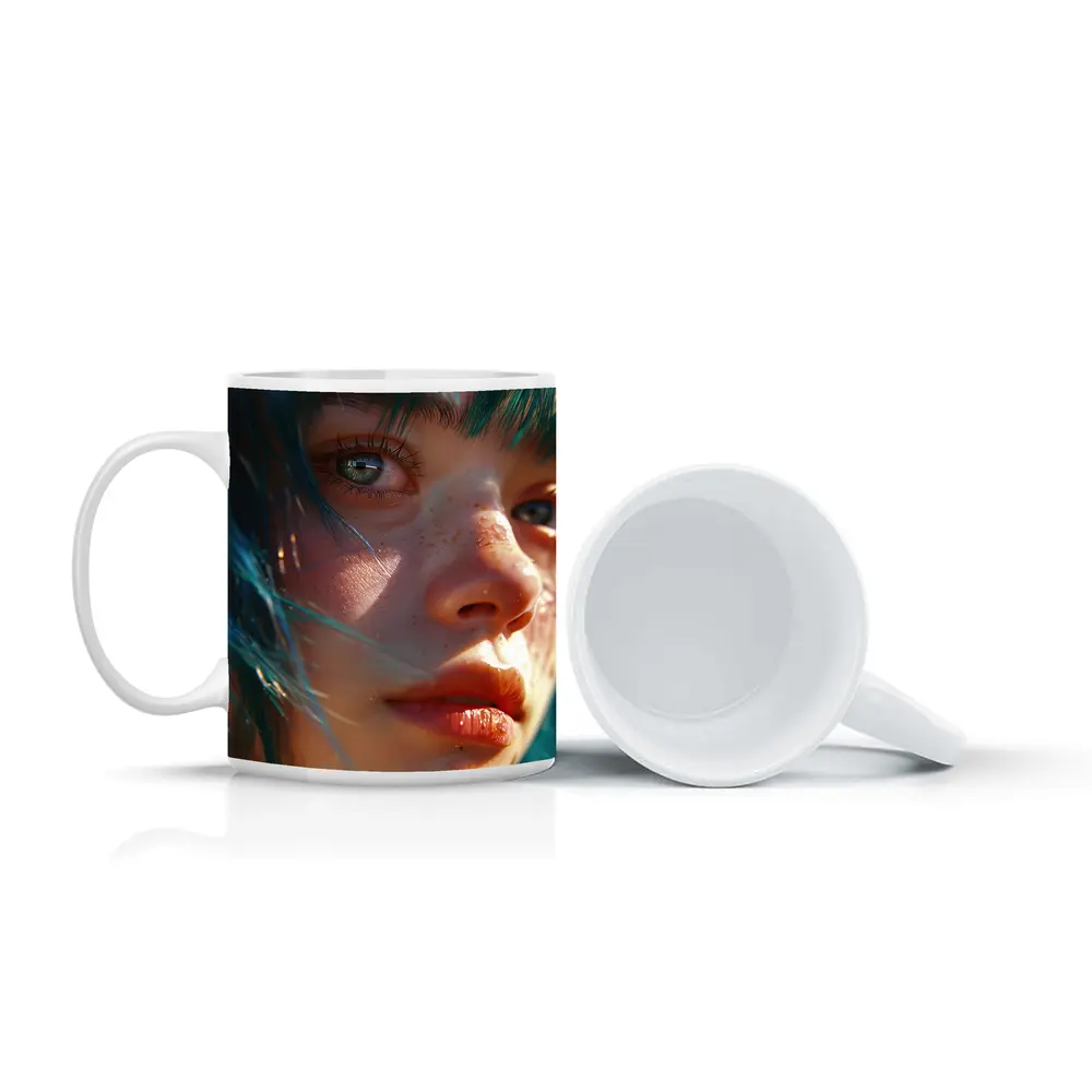 Blue Hair Girl Close Up Portrait Art – Mugs