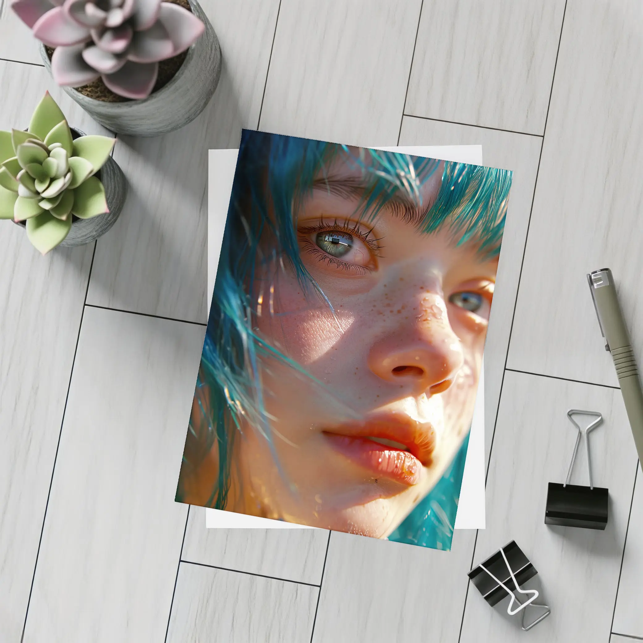 Blue Hair Girl Close Up Portrait Art – Postcards