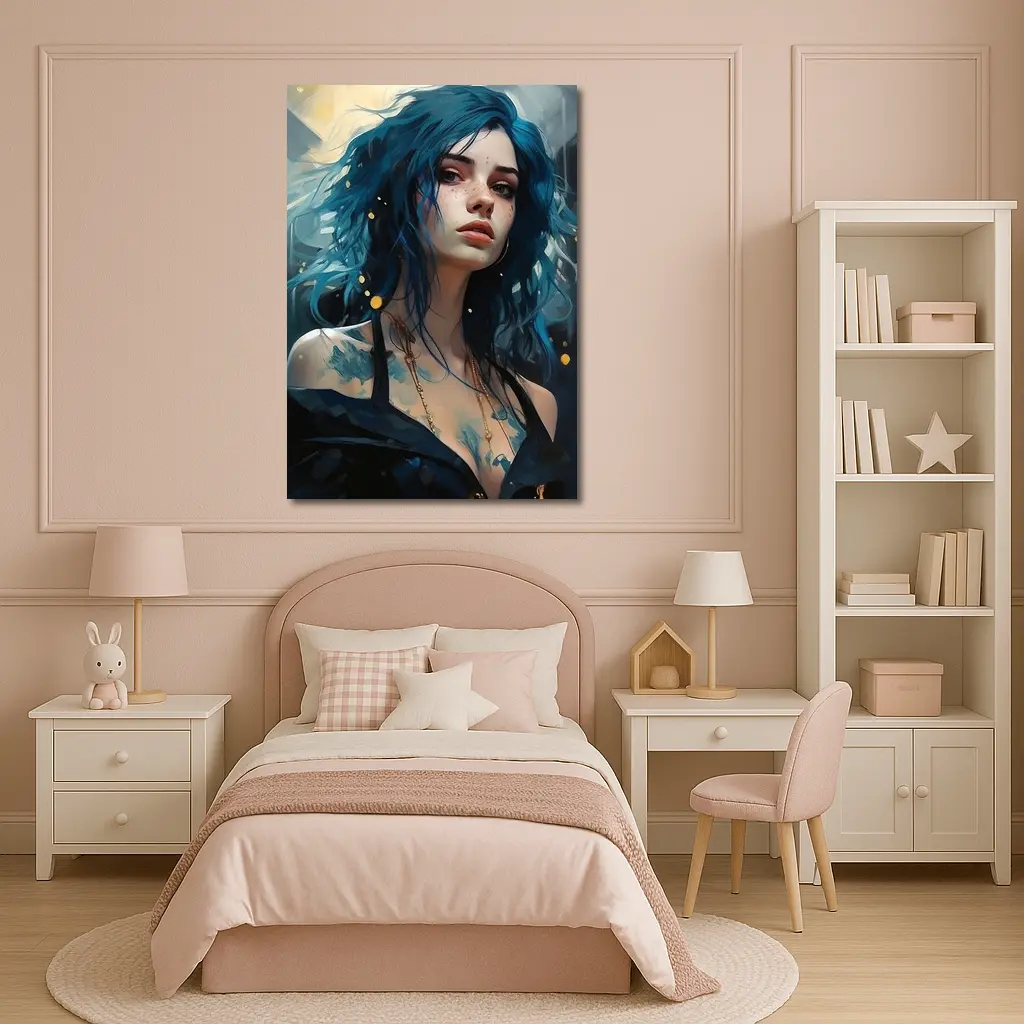 Blue Hair Woman Portrait Fantasy Art – Wall Art