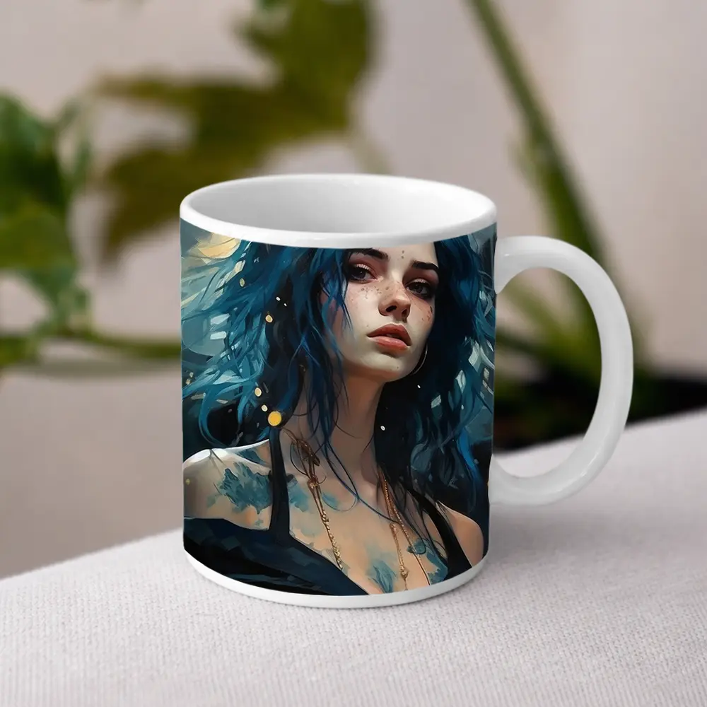 Blue Hair Woman Portrait Fantasy Art – Mugs