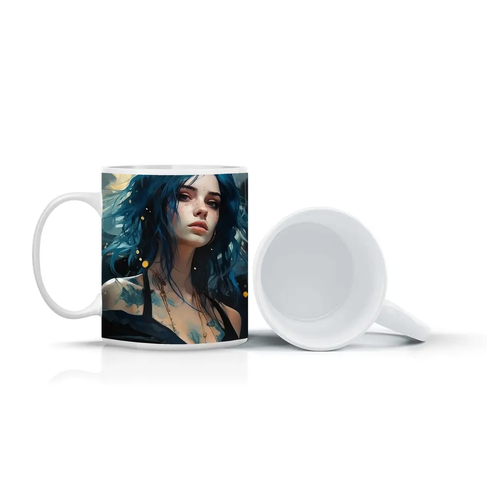 Blue Hair Woman Portrait Fantasy Art – Mugs