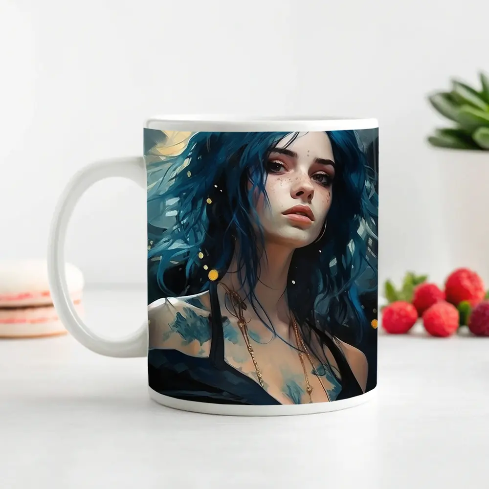 Blue Hair Woman Portrait Fantasy Art – Mugs