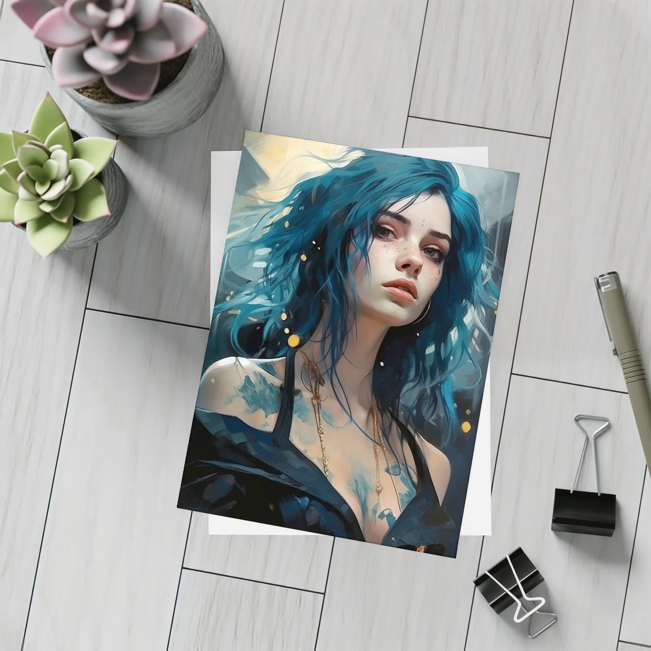 Blue Hair Woman Portrait Fantasy Art – Postcards