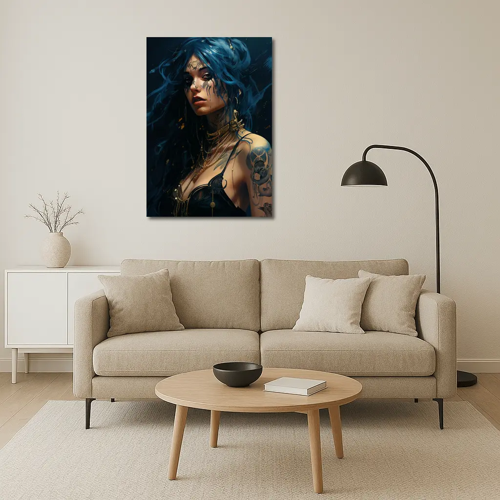 Blue Hair Tattooed Woman Dark Fantasy Art – Wall Art