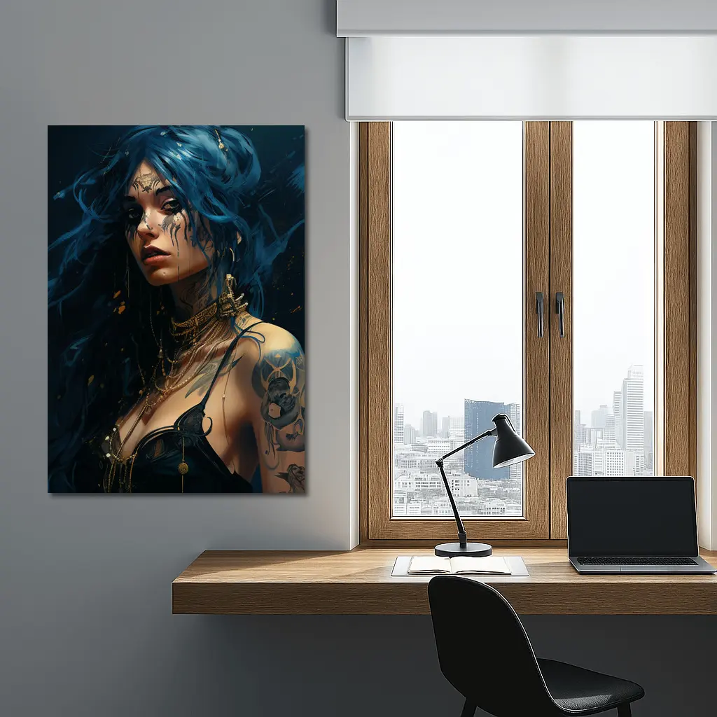 Blue Hair Tattooed Woman Dark Fantasy Art – Wall Art