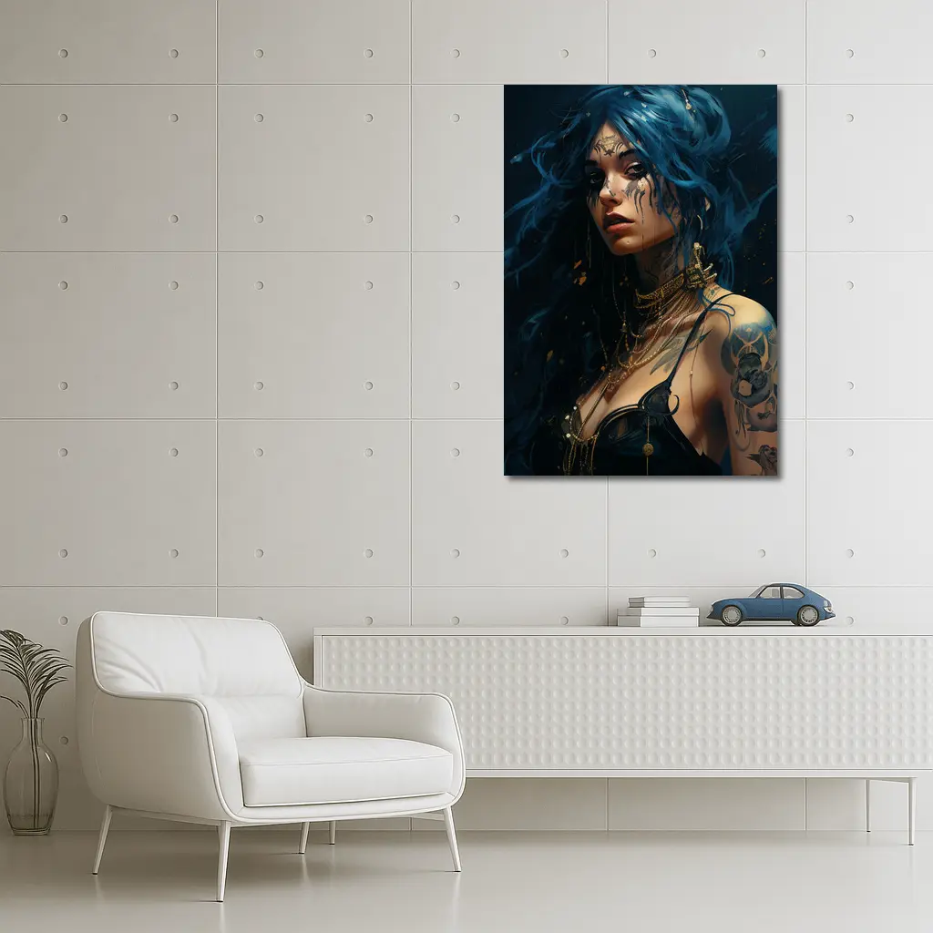 Blue Hair Tattooed Woman Dark Fantasy Art – Wall Art
