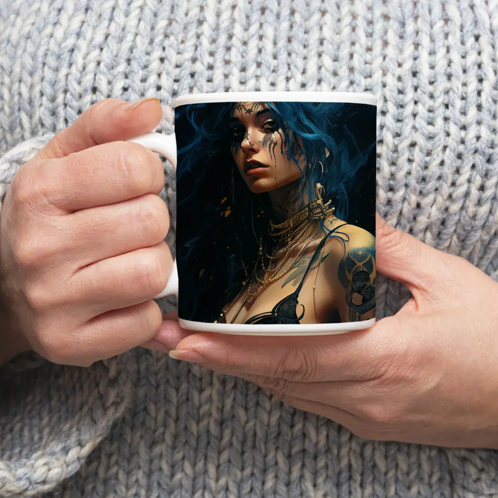 Blue Hair Tattooed Woman Dark Fantasy Art – Mugs